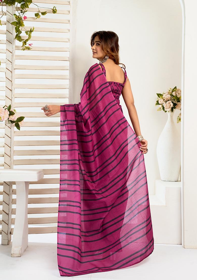 Purple Printed Linen Saree Set - Indya