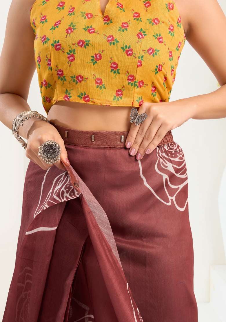 Brown Printed Linen Saree Set for Diwali and Festive Wear - Indya