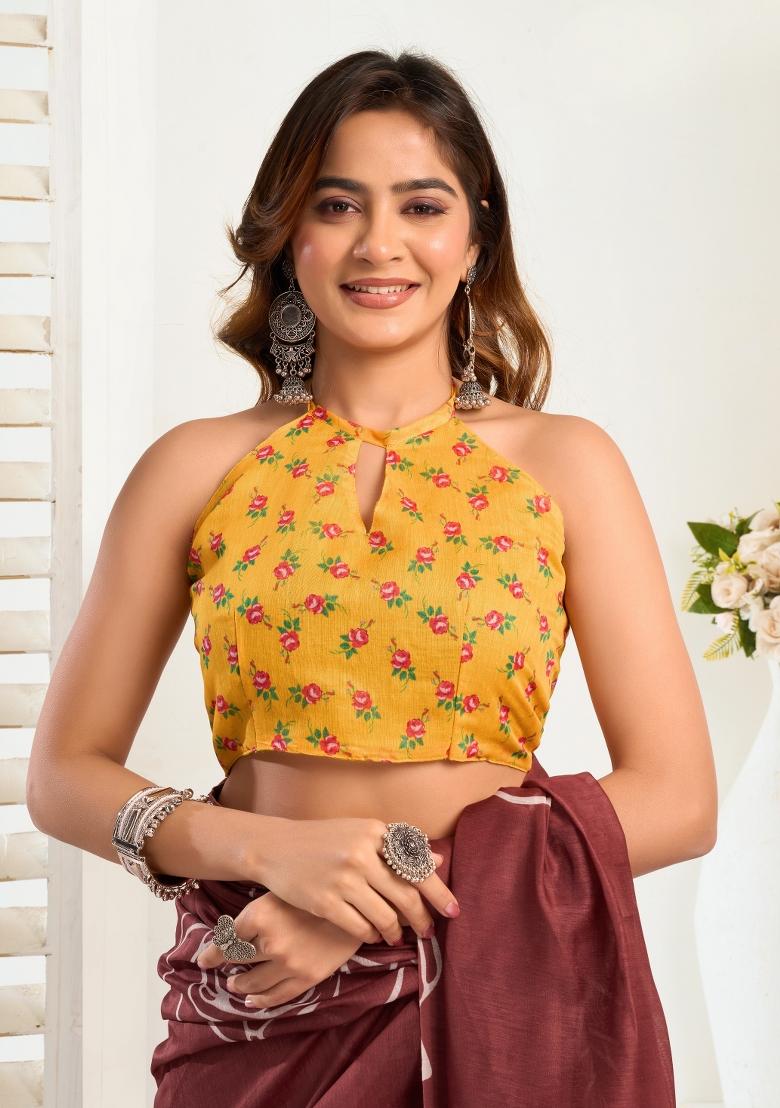 Brown Printed Linen Saree Set - Indya