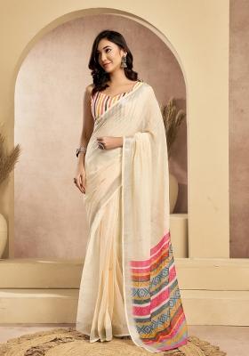 Off White Printed Linen Saree Set