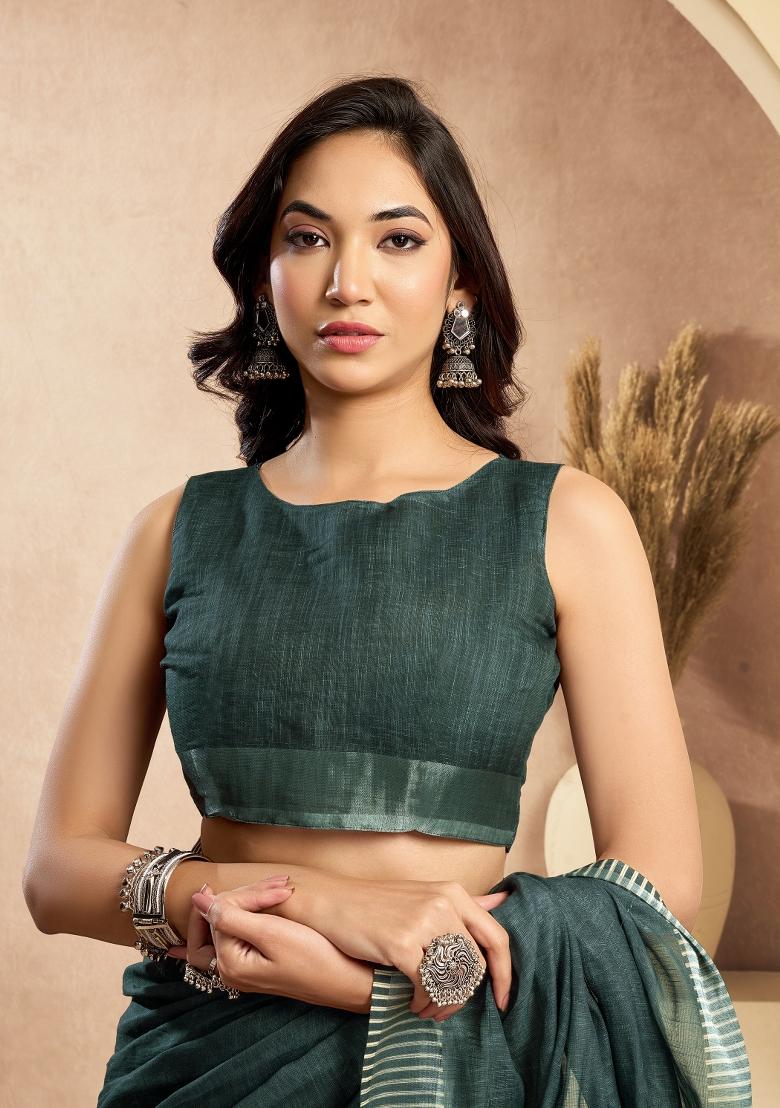 Dark Green Printed Linen Saree Set - Indya