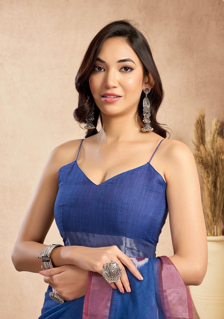 Blue Printed Linen Saree Set - Indya