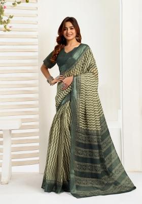 Cream Printed Linen Saree Set