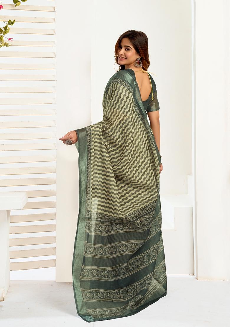Cream Printed Linen Saree Set - Indya