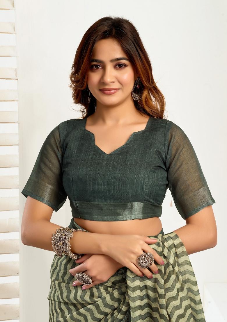 Cream Printed Linen Saree Set - Indya
