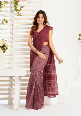Wine Printed Linen Saree Set