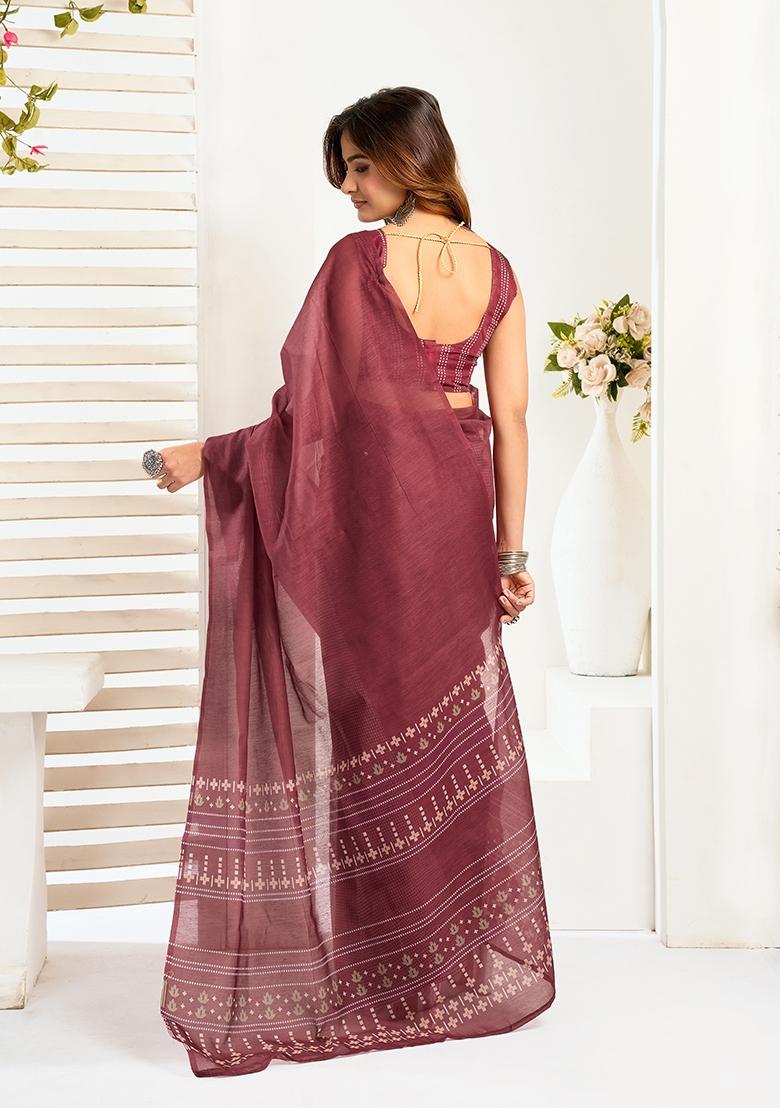 Wine Printed Linen Saree Set - Indya