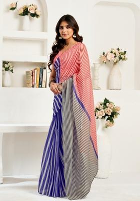 Blue Printed Linen Saree Set