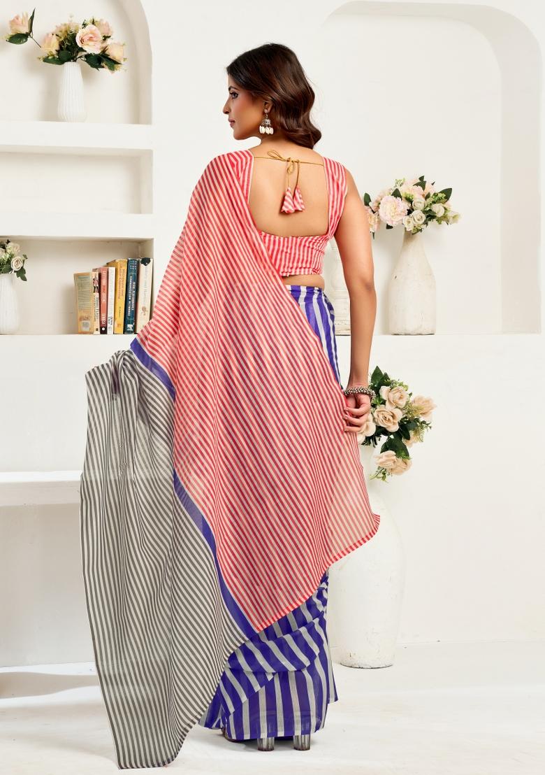 Blue Printed Linen Saree Set - Indya