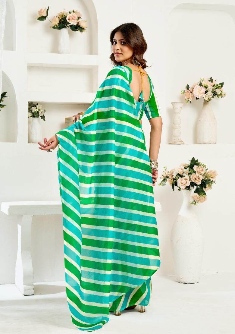 Multicolor Printed Linen Saree Set - Indya