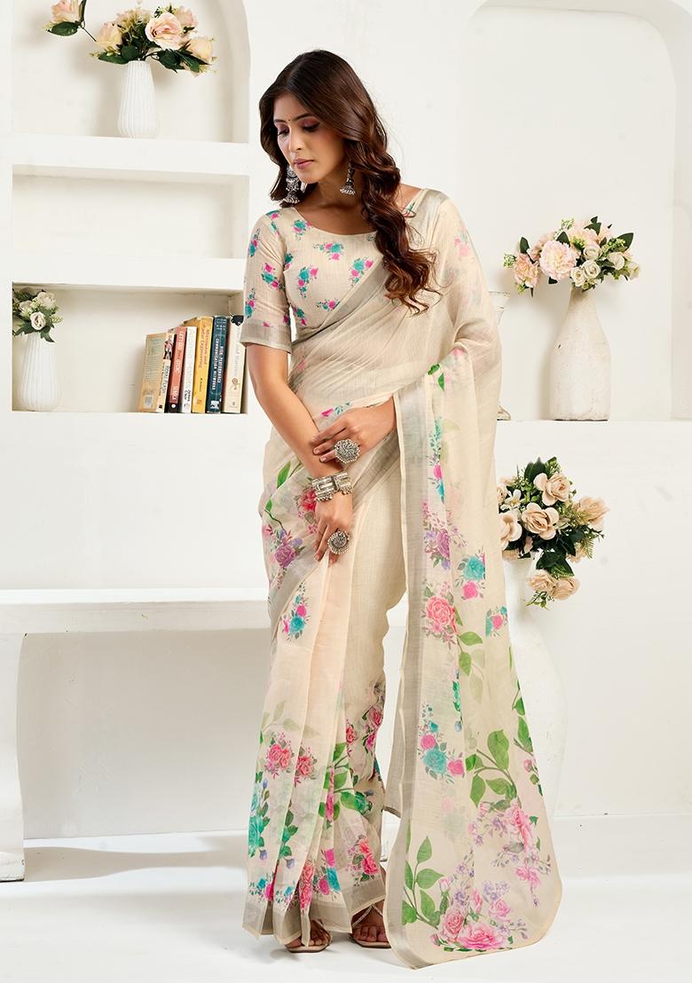 Off White Printed Linen Saree Set - Indya