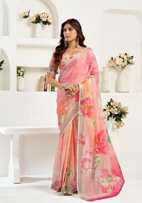 Pink Printed Linen Saree Set