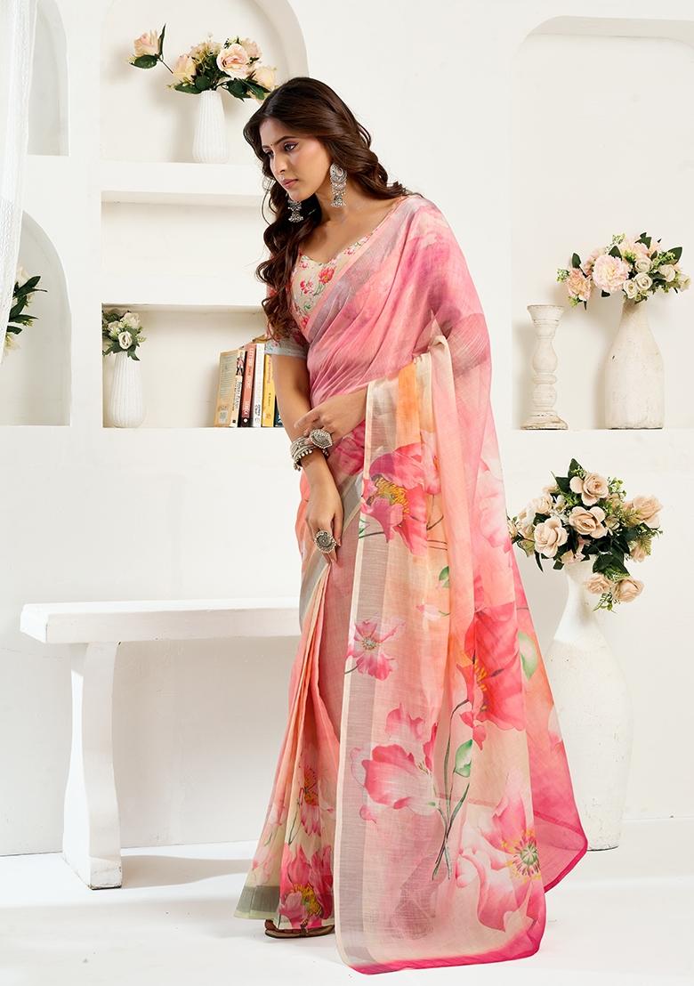 Pink Printed Linen Saree Set - Indya