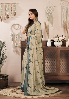 Off White Printed Linen Saree Set