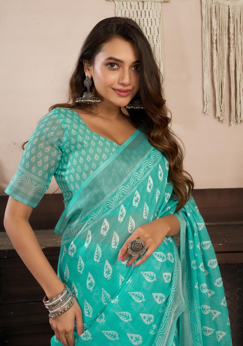 Aqua Blue Printed Linen Saree Set - Indya