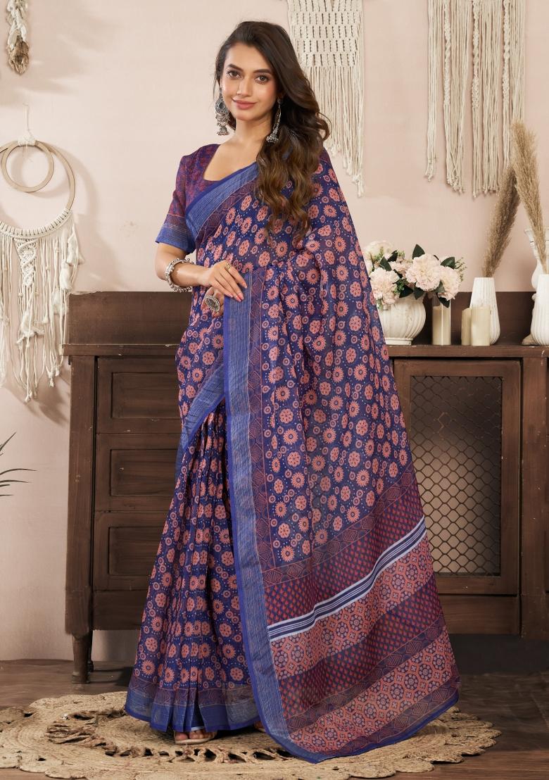 Blue Printed Linen Saree Set - Indya