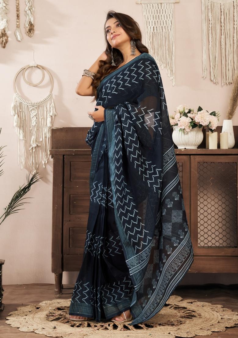 Black Printed Linen Saree Set - Indya