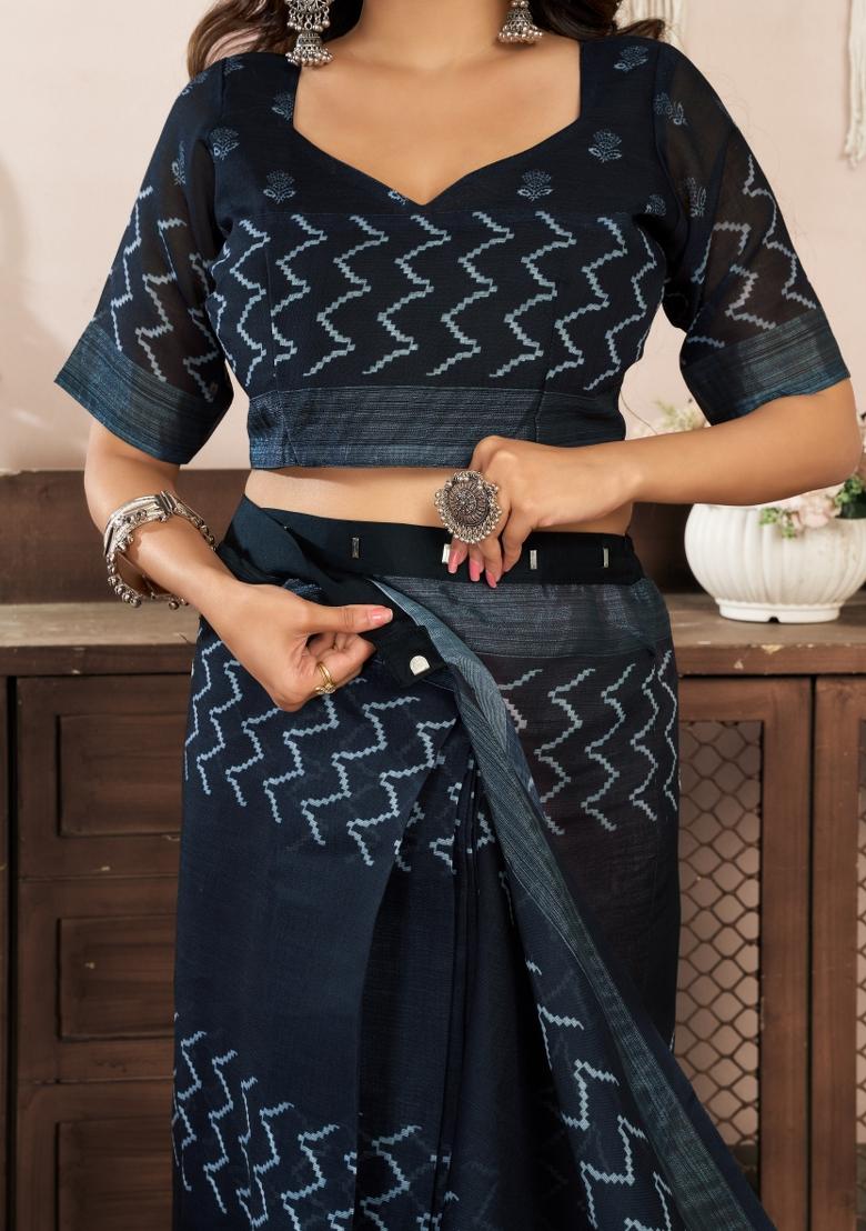 Black Printed Linen Saree Set - Indya