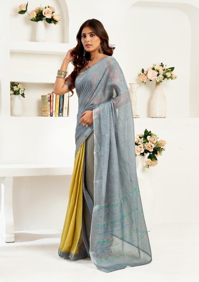 Multicolor Printed Linen Saree Set - Indya