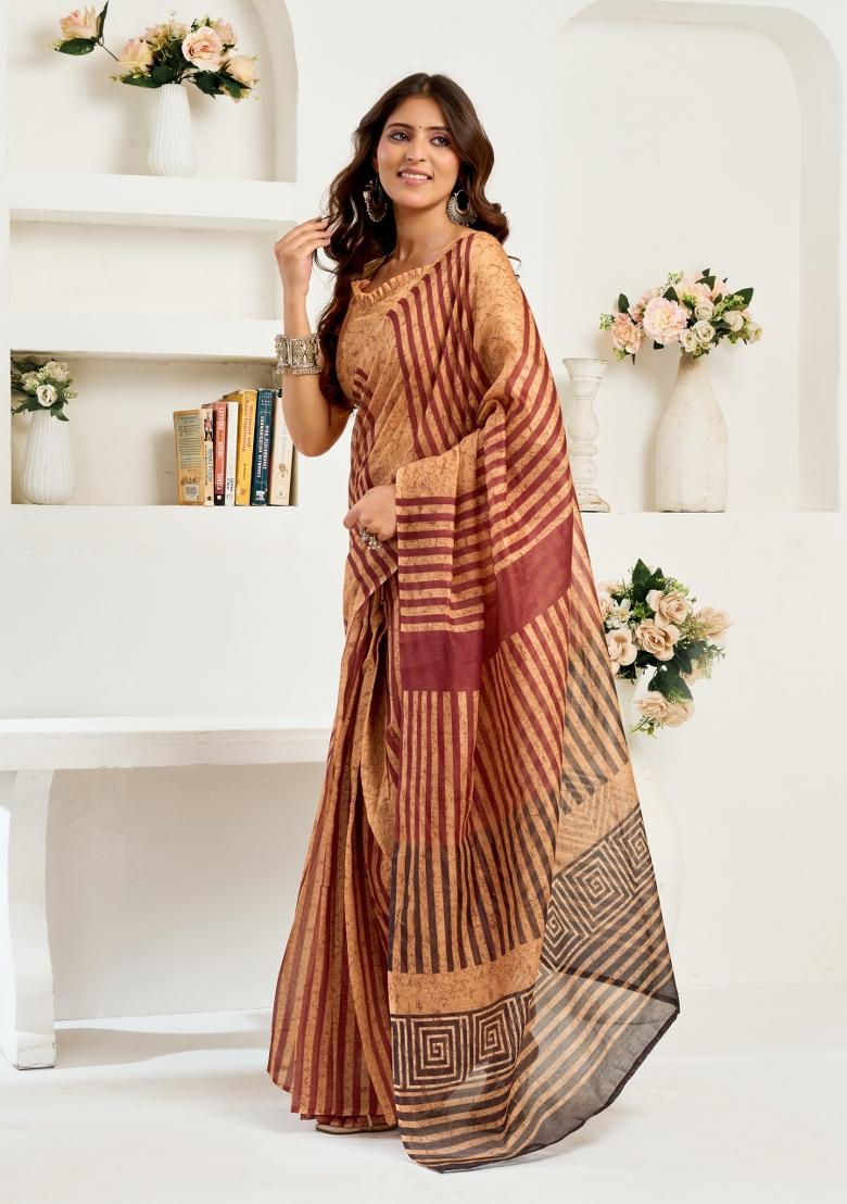 Cream Printed Linen Saree Set - Indya