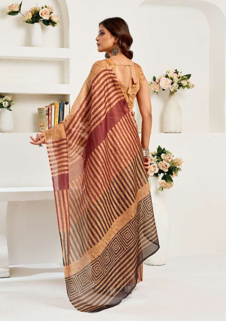 Cream Printed Linen Saree Set for Diwali and Festive Wear - Indya