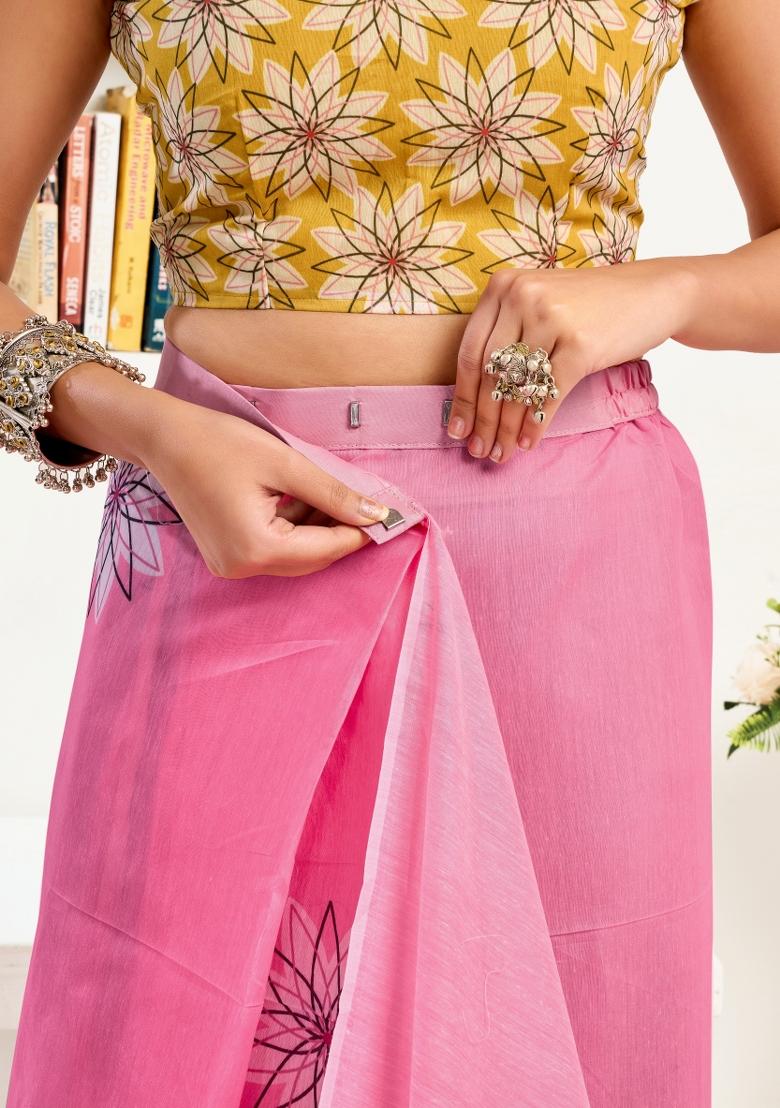 Pink Printed Linen Saree Set - Indya