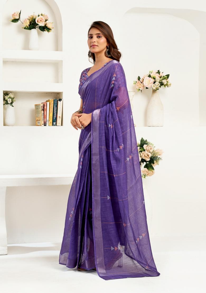 Dark Lavender Printed Linen Saree Set - Indya