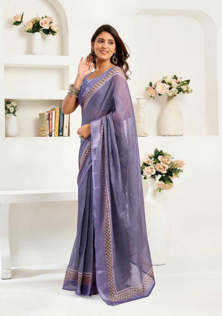 Light Lavender Printed Linen Saree Set - Indya