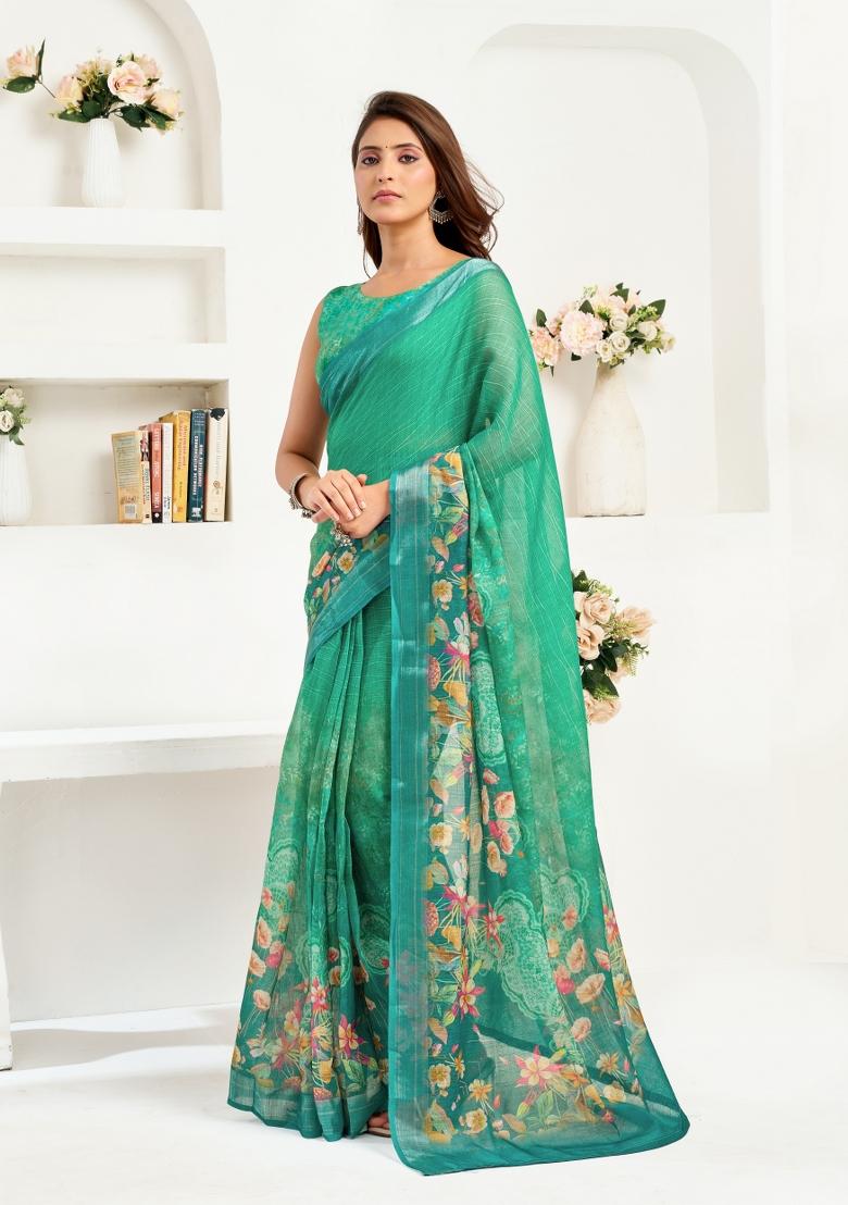 Teal Printed Linen Saree Set - Indya