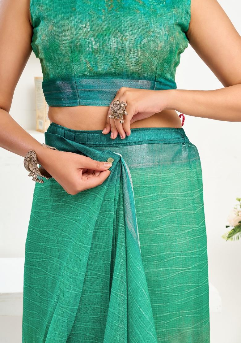 Teal Printed Linen Saree Set - Indya