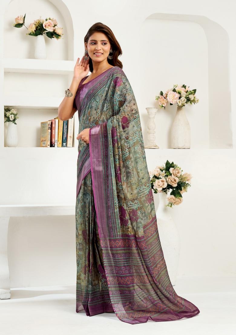 Sea Green Printed Linen Saree Set - Indya