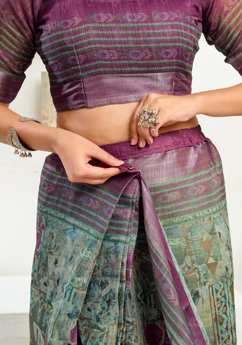 Sea Green Printed Linen Saree Set - Indya