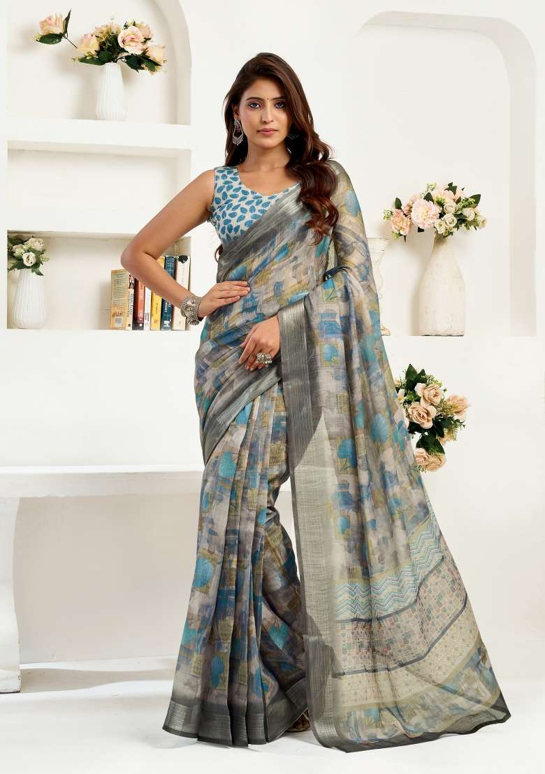 Grey Linen Saree Set with Printed for Diwali | Wedding & Festive Wear - Indya