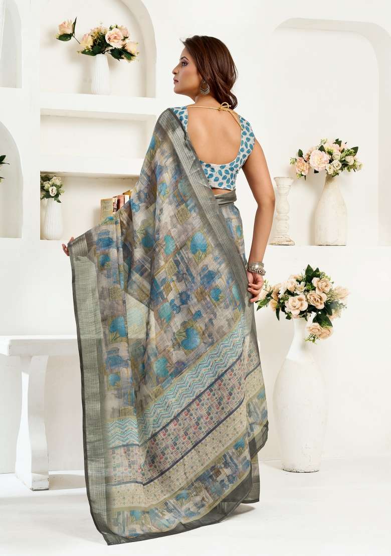 Grey Linen Saree Set with Printed for Diwali | Wedding & Festive Wear - Indya