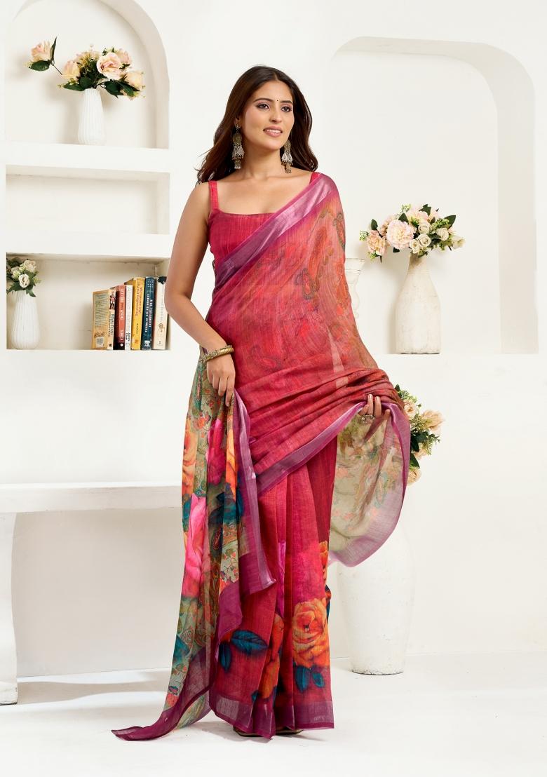 Rani Pink Printed Linen Saree Set - Indya