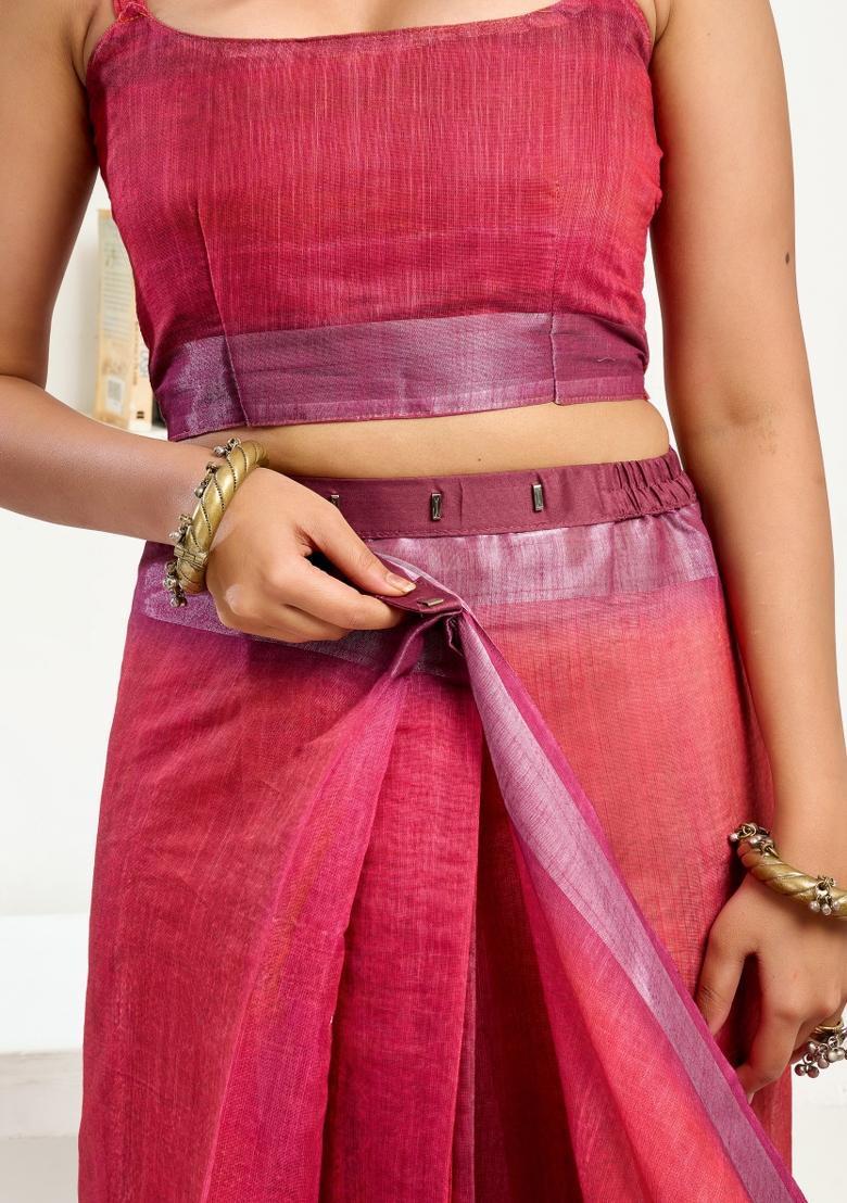 Rani Pink Printed Linen Saree Set - Indya