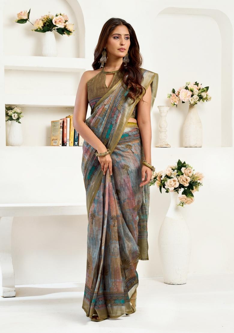 Grey Printed Linen Saree Set - Indya