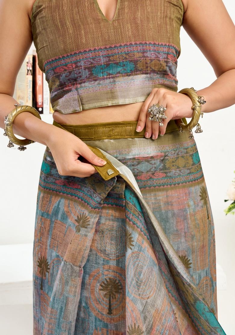 Grey Printed Linen Saree Set - Indya