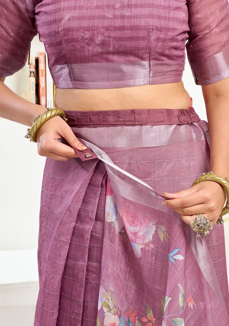 Purple Printed Linen Saree Set - Indya
