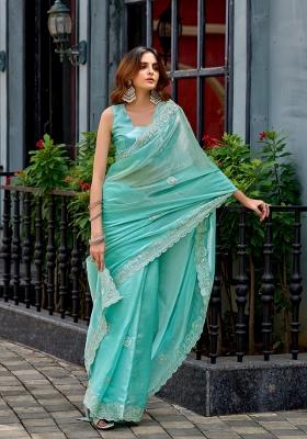 Aqua Blue Embroidered Chiffon Saree Set