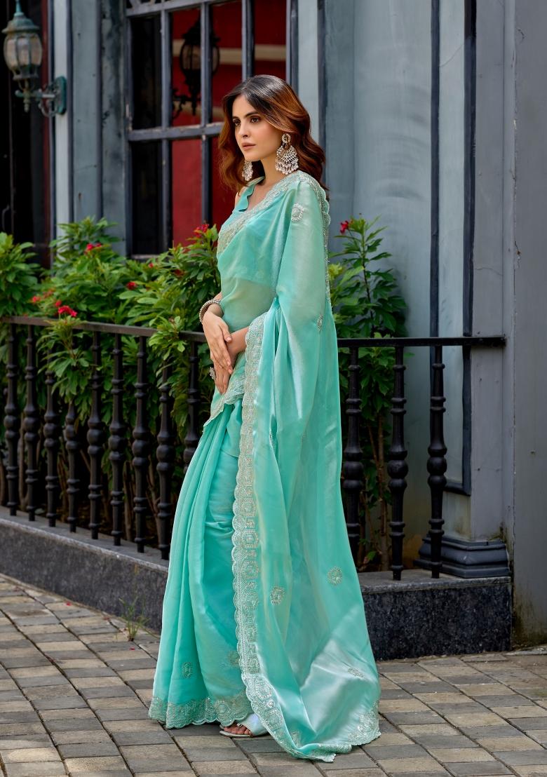 Aqua Blue Embroidered Chiffon Saree Set - Indya