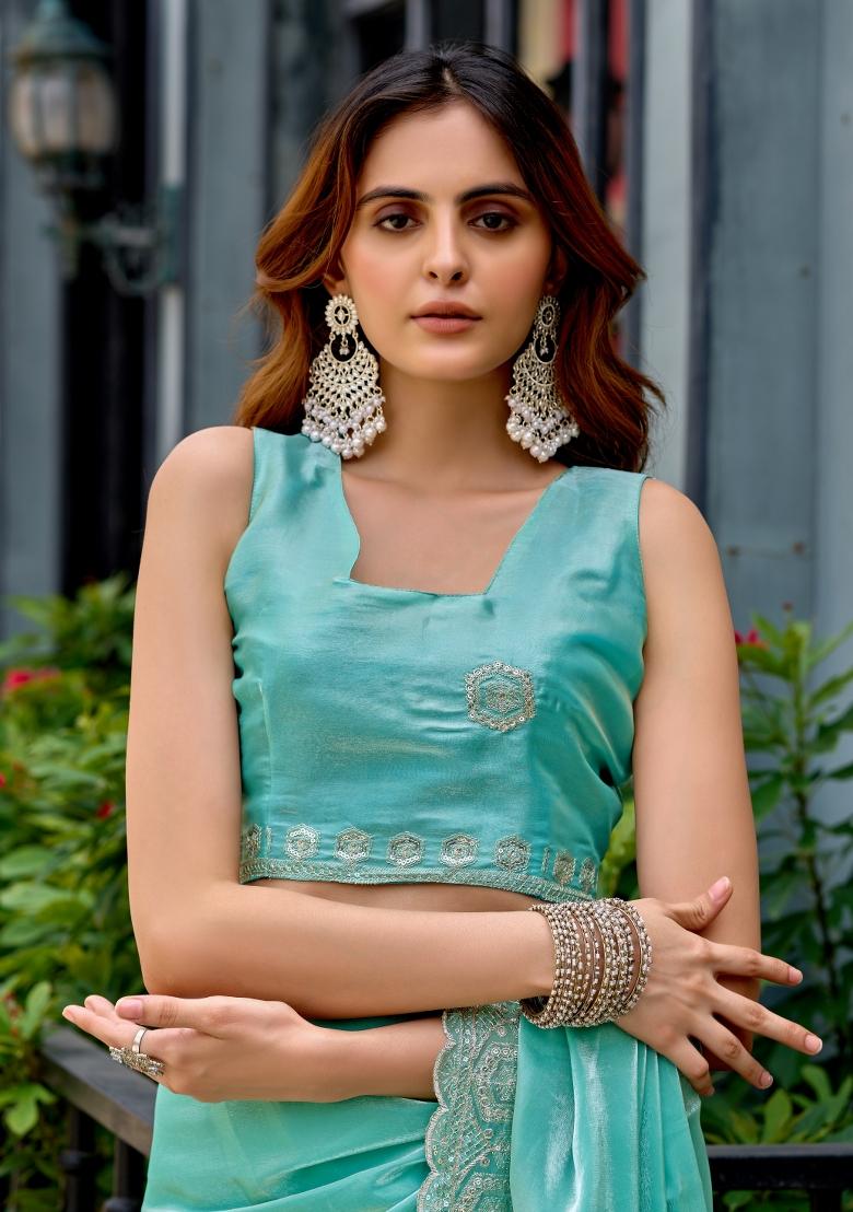 Aqua Blue Embroidered Chiffon Saree Set - Indya
