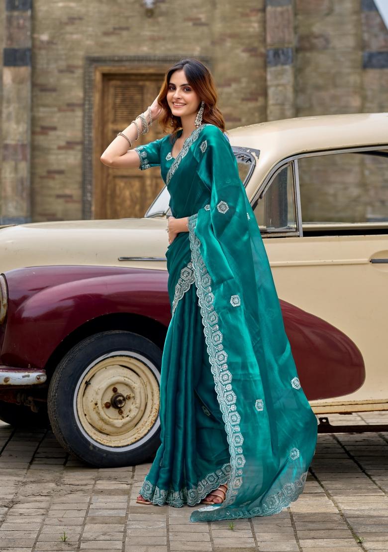 Teal Embroidered Chiffon Saree Set - Indya