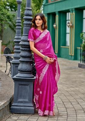 Rani Pink Embroidered Chiffon Saree Set