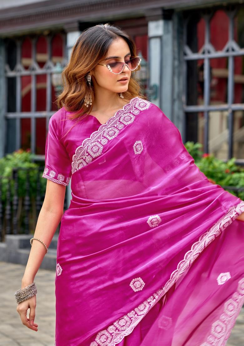 Rani Pink Embroidered Chiffon Saree Set - Indya