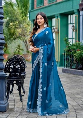 Turquoise Embroidered Chiffon Saree Set
