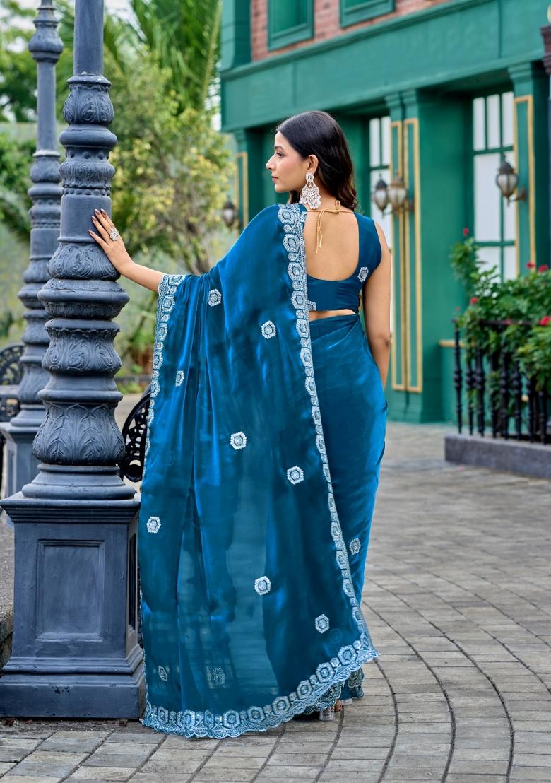 Turquoise Embroidered Chiffon Saree Set - Indya