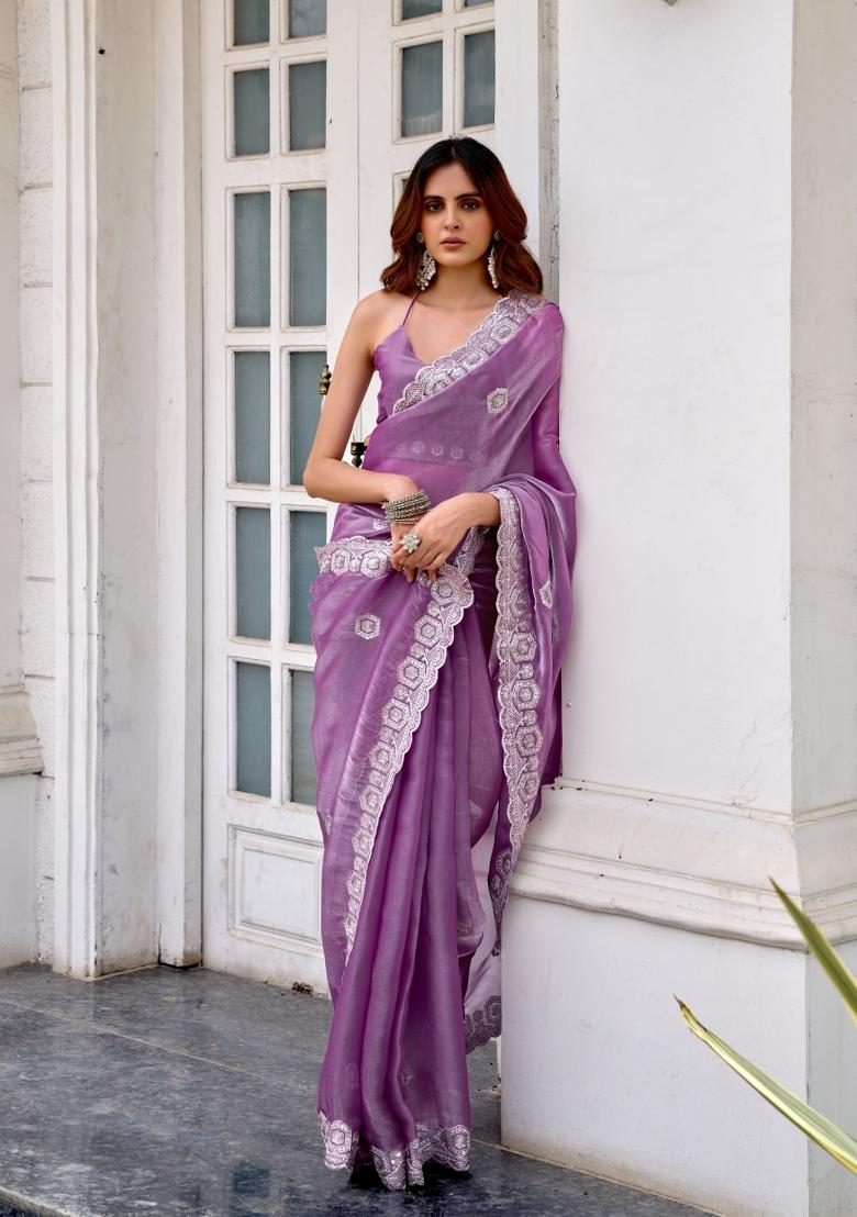 Lavender Embroidered Chiffon Saree Set - Indya