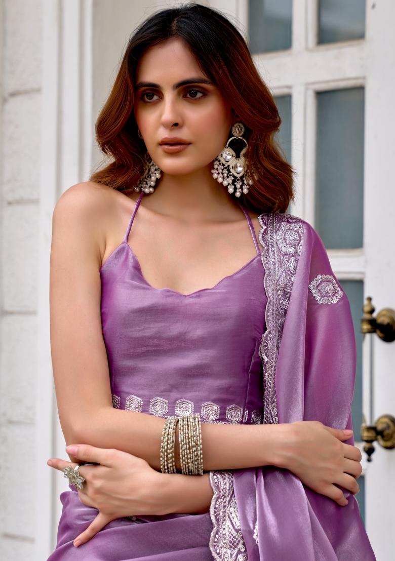 Lavender Embroidered Chiffon Saree Set - Indya