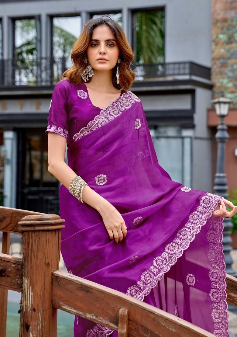 Purple Embroidered Chiffon Saree Set - Indya